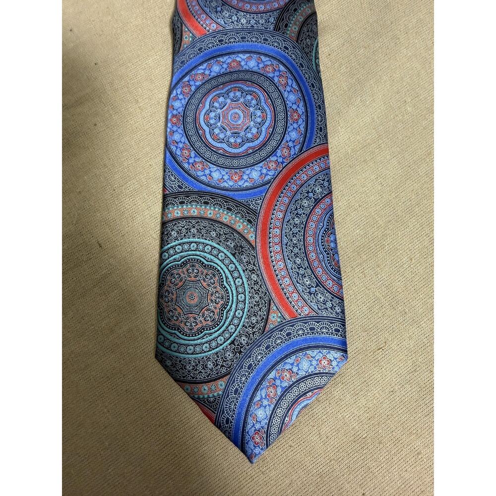 Ermenegildo Zegna Tie Mens One Size Blue Red Geometric Medallion Silk Made Italy